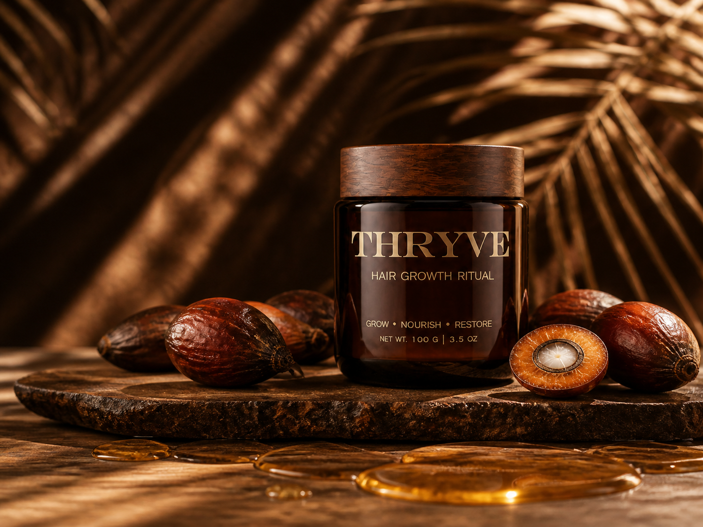 THRYVE batana oil jar in a warm botanical setting — illustrative image