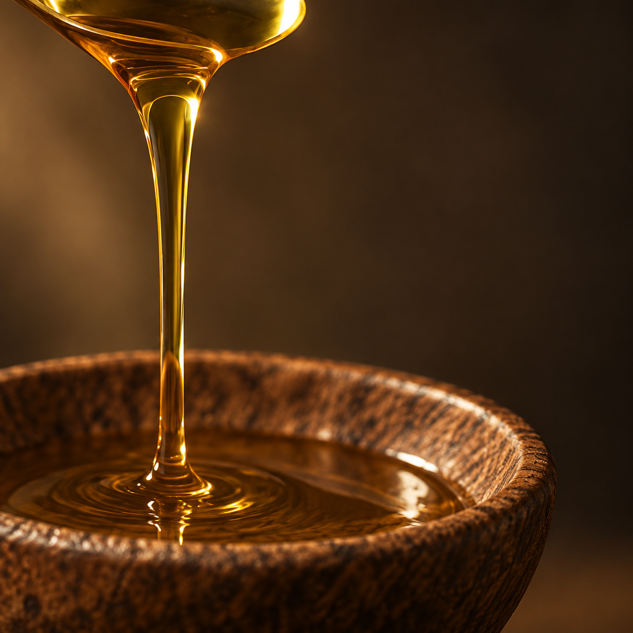 Golden botanical oil pouring into a wooden bowl — illustrative image