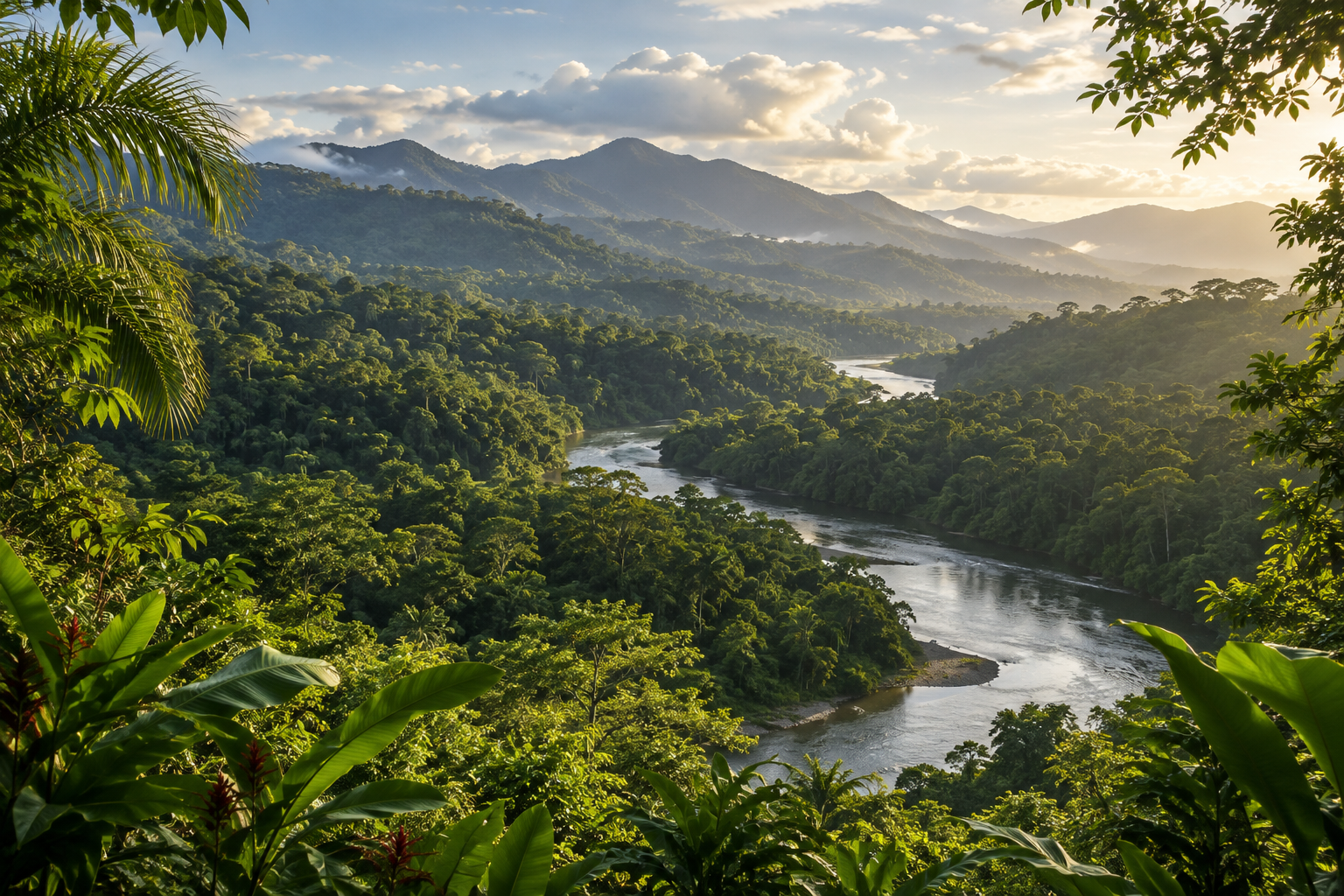 Illustrative tropical rainforest valley and winding river